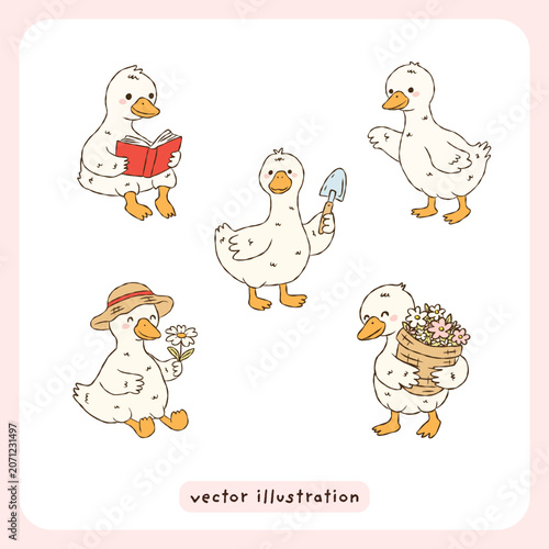 Cute cottagecore goose gardening vector illustration set, hand drawn cottage garden duck clip art, Kawaii goose characters with flowers and shovel design elements, cute farm animals doodle set
