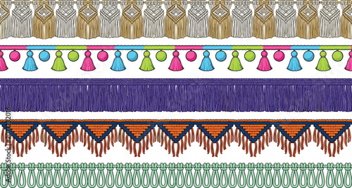 Fotografi Decorative trim and fringe border collection with tassels macrame lace and texti