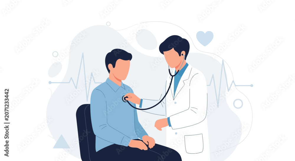 Fototapeta premium Doctor Performing Medical Examination with Stethoscope on Patient, Healthcare Concept Illustration