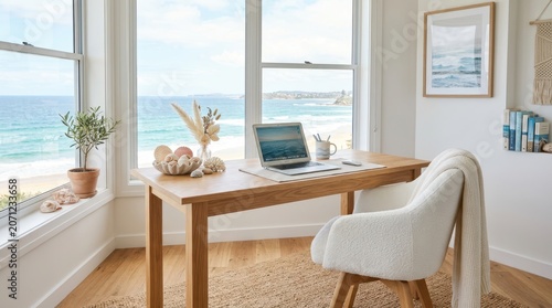 Coastal home office with ocean view and natural light