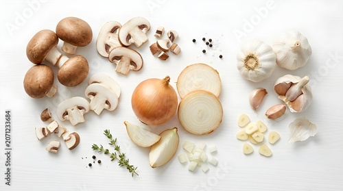 Mushrooms Garlic and Onion Whole and Sliced Top View Isolated on White Illustration
