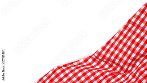 Wrinkled red gingham fabric isolated on white background, with copy space.