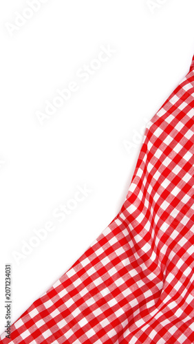 Wrinkled red gingham fabric isolated on white background, with copy space.