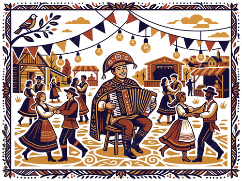 Quadro em tela Brazilian Festa Junina celebration with accordion player and dancing couples in woodcut cordel style