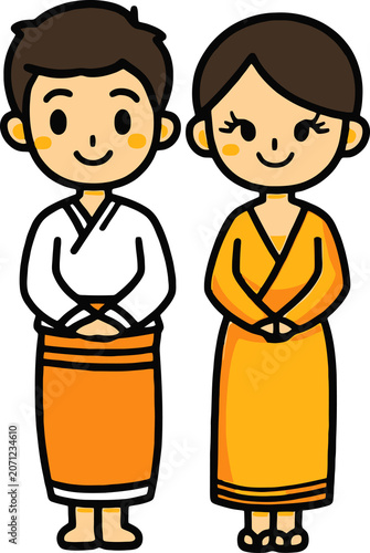 Burmese Longyi Traditional Couple Illustration