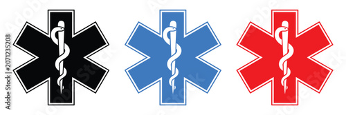 фотографія Medical star icons, healthcare symbols with snake emblems for emergency services, hospitals, clinics and rescue systems