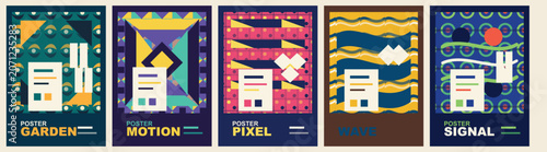 Fotografi Colorful abstract design posters with geometric shapes and text elements arrange