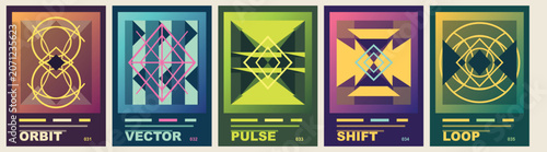 Fényképezés Set of five retro styled abstract posters with geometric designs and vibrant col