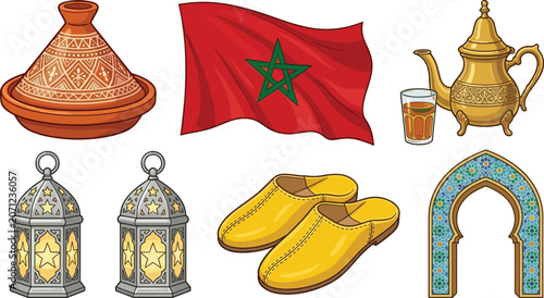 Obraz na płótnie Moroccan culture collection with traditional flag tagine lanterns tea set slippe