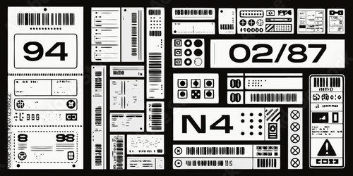 Shipping label elements with barcodes and numbers monochromatic vector illustration