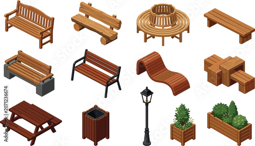 Vászonkép Outdoor furniture collection with park benches picnic tables planters and urban