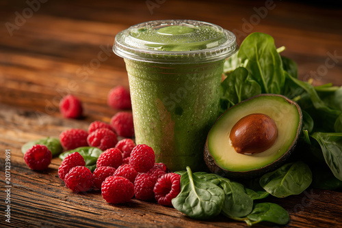 Refreshing green smoothie with avocado and raspberries on wooden surface