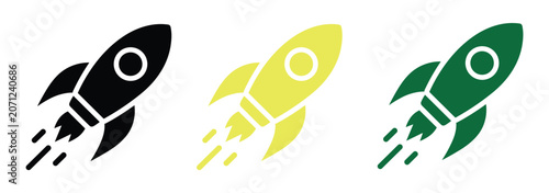 Fotografie Three rocket icons in different colors: black, yellow, and green, flying upwards