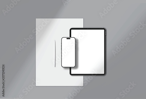 Minimal device mockup featuring tablet, smartphone, paper sheet, and stylus on light gray background. Clean flat lay with blank screens and copy space, ideal for branding or print templates.
