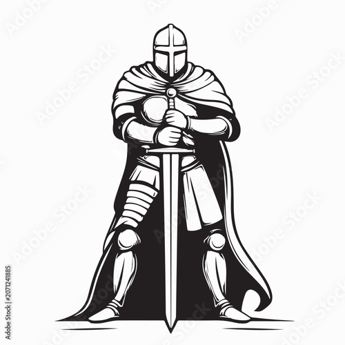 Fotografie Crusader Warrior Guarding Position Vector Illustration On White Background
