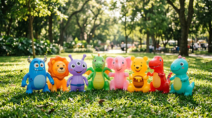 A delightful lineup of vibrant inflatable toy characters standing on lush green grass in a sunny park setting