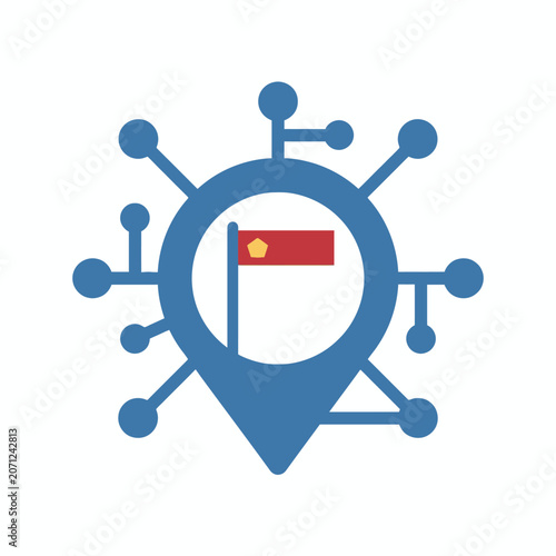A blue digital location pin icon with a small red flag