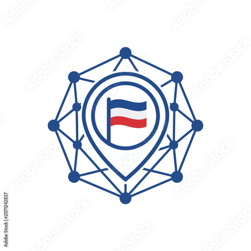 A blue digital network icon with a central flag symbol