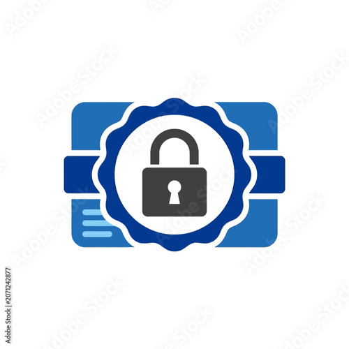 A blue digital security icon featuring a central closed padlock