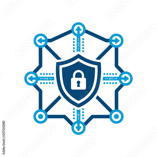 A blue digital shield icon represents secure network data protection