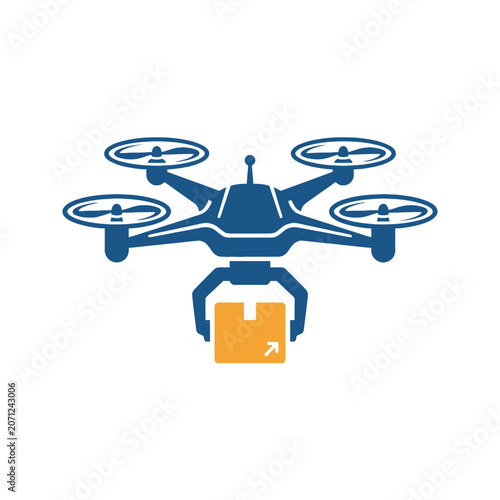 A blue drone carries a small orange package in the air