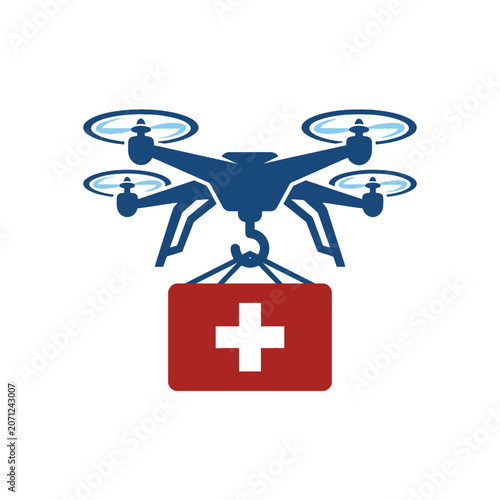 A blue drone carries a red medical supply box in flight