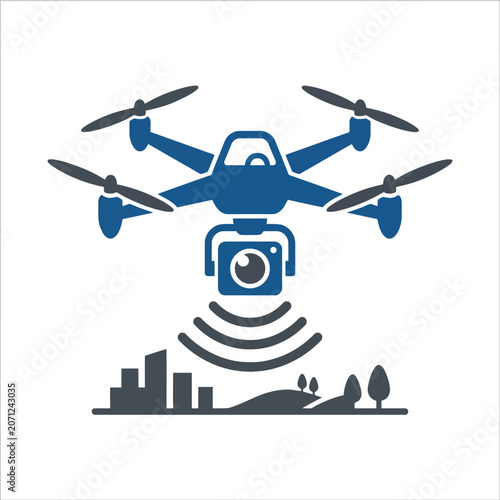 A blue drone icon flying over a stylized landscape illustration