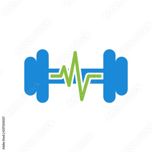 A blue dumbbell icon with a green heartbeat line symbol