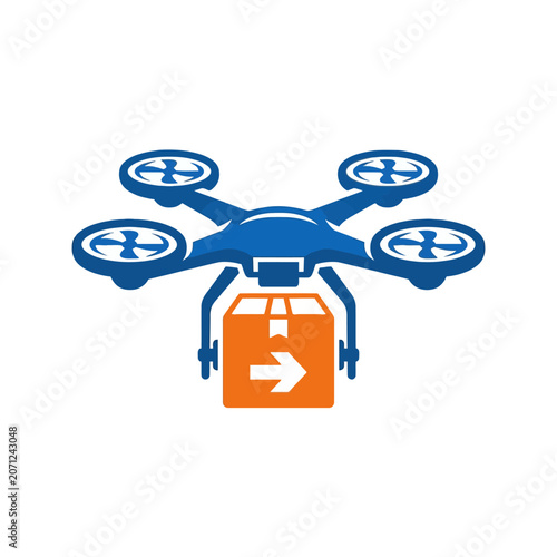 A blue drone carries an orange package for fast delivery service