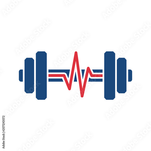A blue dumbbell icon with a red heartbeat line graphic design