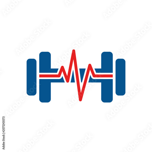 A blue dumbbell icon with a red heartbeat line symbol overlay