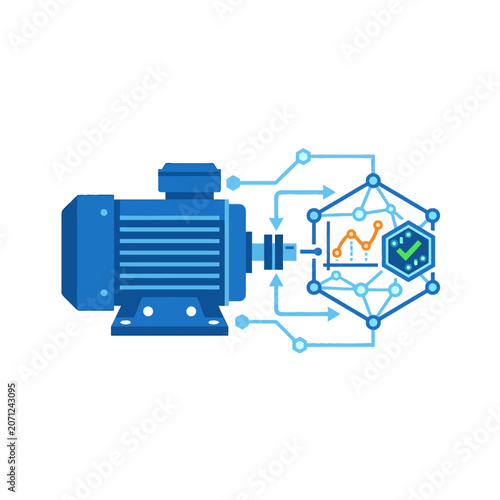 A blue electric motor connected to a digital data network icon