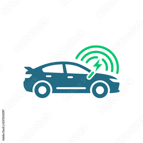 A blue electric car icon with a green wireless charging symbol