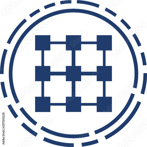 A blue geometric icon featuring a grid inside a circular frame