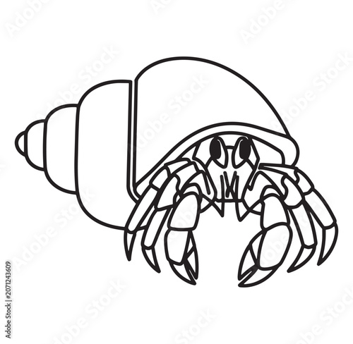 Black line drawing of a hermit crab with shell on transparent background