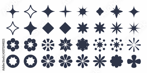 Konstfotografi Dark Blue Geometric And Floral Shapes Collection Vector Illustration On White Ba