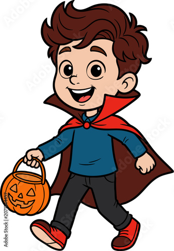 dorable cartoon boy walking with a pumpkin bucket, capturing the fun spirit of Halloween trick-or-treat traditions.