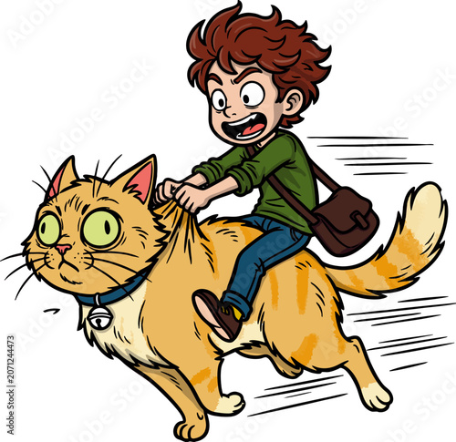Cute Halloween Kids Adventure Illustration Set with Magical Cat, Pumpkin and Ghost