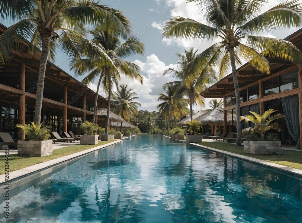 Fototapeta premium Serene swimming pool surrounded by tall palm trees in tropical resort