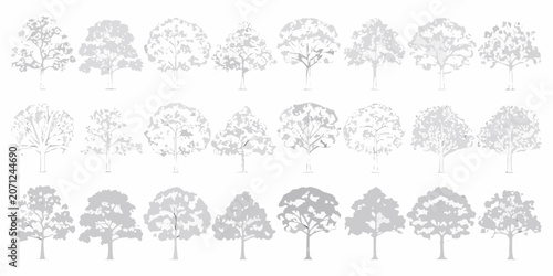 Bild auf Leinwand Variety of tree silhouettes in grayscale line drawings against a white backgroun