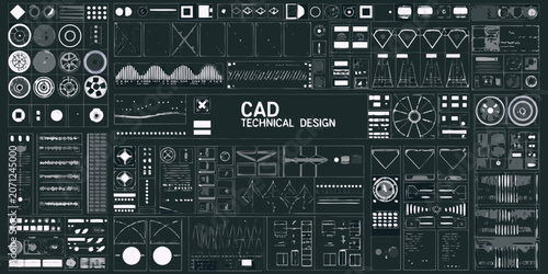 Tableau sur toile Technical Label Design Elements In Teal Blueprint Style A Collection Of Mechanic