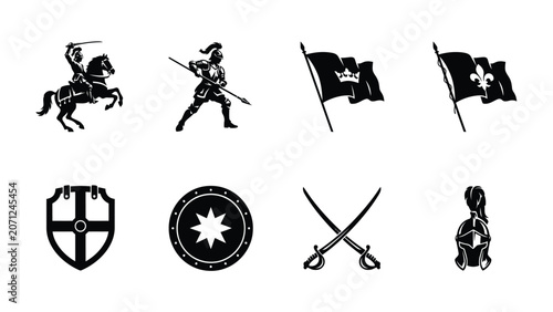 Fotografía Medieval knight warriors and heraldry icons with flags shields and crossed swords graphics