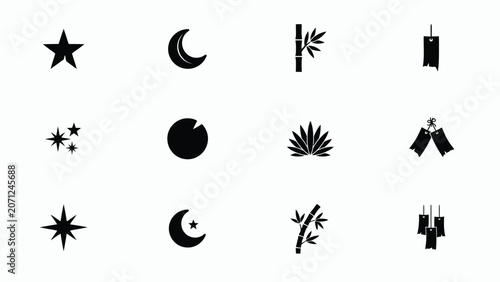 Fotografie Minimalist black and white star moon bamboo and paper wind chime symbols icon collection