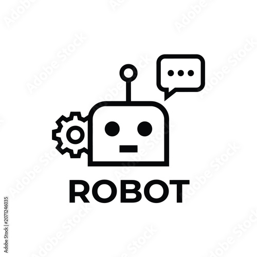 Photos Robot icon with speech bubble and gear element a flat black and white pictogram