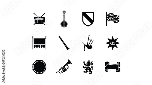 Schilderij op canvas Collection of Scottish cultural and military icons drum bagpipes flag shield trumpet