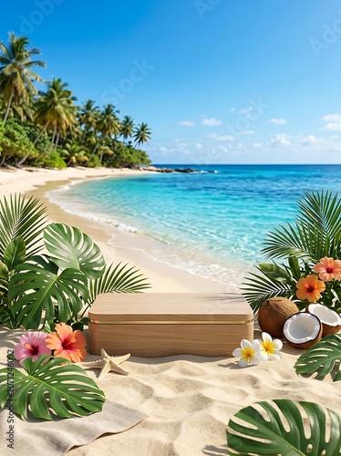 A pristine tropical beach scene with palm trees turquoise ocean and a wooden display podium surrounded by tropical flora and coconuts