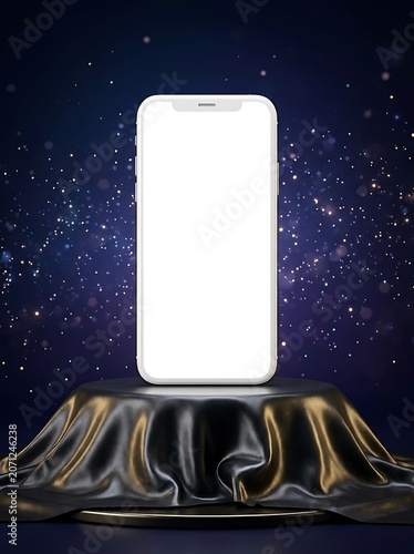 Modern white smartphone screen displayed prominently on a draped podium against a starry night sky background