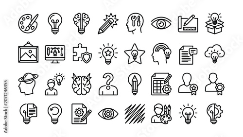 Photos Collection of black line icons for business and creative concepts including ligh