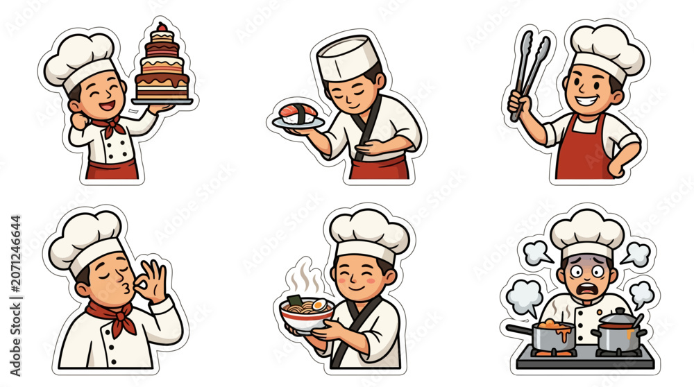 Fototapeta premium Dynamic cartoon chef characters performing diverse culinary tasks baking, sushi crafting, ramen serving, food tasting, and expressing kitchen emotions
