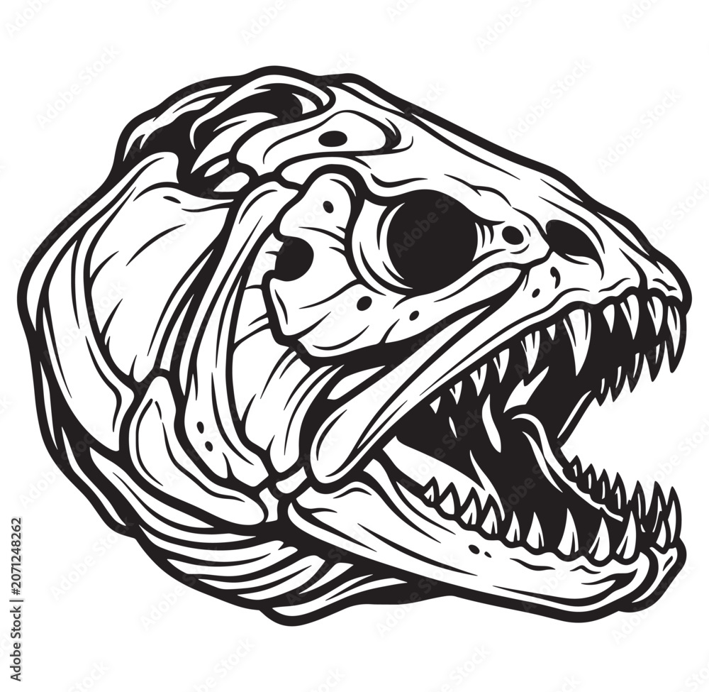 Obraz premium Detailed illustration of a fish skeleton head with sharp teeth and empty eye sockets